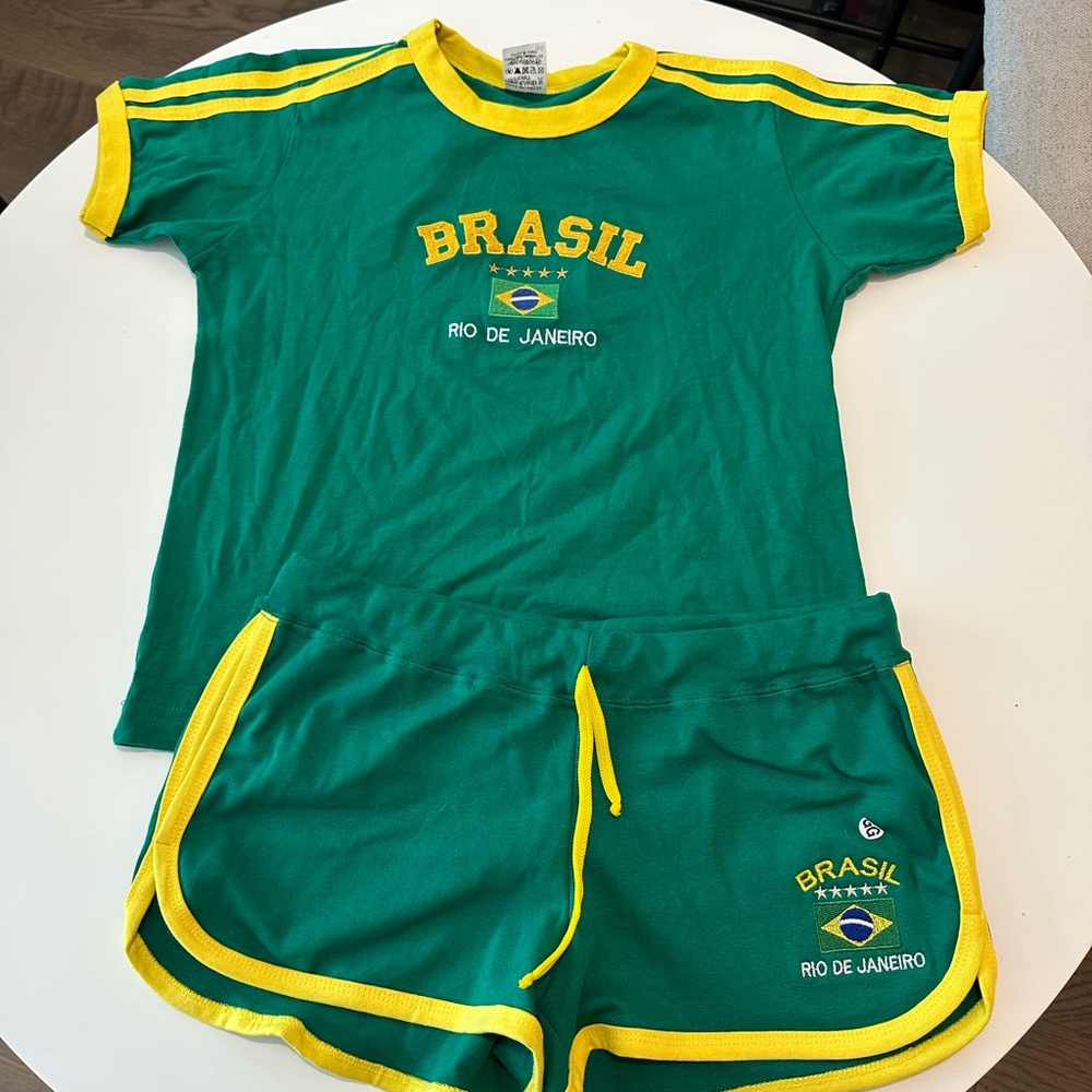 Green and Yellow Brasil T-Shirt and Shorts Set